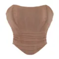 Women ruched mesh strapless bustier corset top breathable nude fashion sexy crop top - Coffee