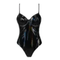 Black patent leather sexy bodysuit with thin straps and supportive cups for women nightwear. - XS / Black One-Piece with Leather Cups