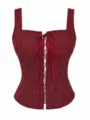 Women vintage floral embroidered corset top, gothic lace up bustier shaping vest. - Burgundy