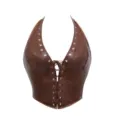 Women brown faux leather halter corset top retro lace up strapless waist cincher vest. - XS / Brown
