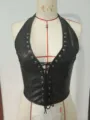 Black leather halter corset top, gothic lace-up bustier waist cincher in stylish solid color. - XS / Black
