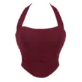 Burgundy mesh halter corset top, breathable backless bustier for women, stylish party wear. - XS / Tops / Burgundy
