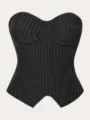Black pinstripe strapless corset top with underwire and structured cups for women. - XS / Black