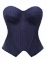 Women's Navy Blue Striped Corset Top Underwire Padded Strapless Bustier Shapewear - XS / Navy Blue