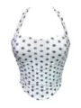 White black polka dot mesh halter corset top, stylish sleeveless summer bustier streetwear. - XS / Tops / White with Black Polka Dots