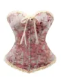 Vintage floral print women corset top with cream ruffles and front bow for elegant party wear. - XS / Pink