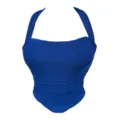 Blue halter mesh corset top, breathable ruched sleeveless women's bustier summer apparel. - XS / Tops / Navy Blue