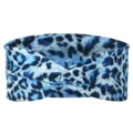 Detailed close-up view of blue leopard print knotted headband for yoga and casual daily wear. - Blue