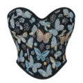 Haut corset jacquard papillon bleu, bustier vintage sans bretelles baleiné pour femmes. - XS / Noir