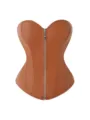 Brown faux leather corset top, front zipper shaping body shaper for women sexy party wear. - XS / Brown Leather Color