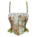 Vintage gruen rot Blumen Webteppich Korsett Oberteil mit weisser Spitze und Traegern. - XS / Oberteile / Grasgrün