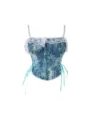 Blaues florales Jacquard Korsett Top mit weißer Spitze, verstellbaren Trägern und Bändern. - XS / Oberteile / Blau