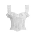 White lace corset top with ruffled straps and breathable mesh, sexy boned bustier shapewear. - S / White