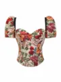 Vintage oil painting floral print puff sleeve corset top with boning for women wear. - XXS / Multicolor