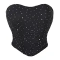Bustier nero senza spalline con strass sexy top corsetto in rete da donna, traspirante. - XS / Top / Nero con paillettes