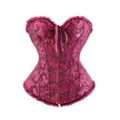 Pink brocade overbust corset waist cincher with front busks and delicate ruffled trim. - XS / Tops / Dark Rose Red with Lace Trim