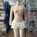 Women corset top with ruffled skirt set, champagne bustier streetwear gothic party outfit. - XS / Tops / Apricot with Lace Trim