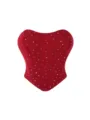 Sexy red mesh strapless bustier top adorned with sparkling rhinestones for women. - Sequin Wine Red