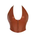 Brown faux leather halter corset top, stylish backless crop top for women's daily wear. - XS / Brown Leather