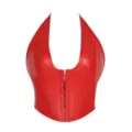 Red Faux Leather Halter Corset Top Variant, stylish bustier with front hook closure. - XS / Red Leather