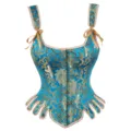 Retro blau gold Brokat Korsett Top mit Trägern, Frontverschluss und Schößchen Detail Ansicht. - M / Blau