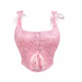 Pink jacquard corset top with ribbon straps, lace-up front, elegant bustier body shaper. - XS / Pink