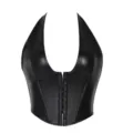 Black faux leather halter corset top for women, sexy front hook bustier and waist cincher. - XS / Black Leather