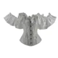 Weisses Vintage Jacquard Korsett Oberteil mit dramatischen Satin-Rueschen-Aermeln. - S / Weiß