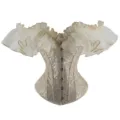 Damen Vintage Schulterfreies Rüschen Korsett Oberteil Blumen Brokat Schnürung Bluse - S / Aprikose