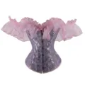 Damen Vintage Jacquard Korsett Oberteil mit rosa transparenten Rüschen Ärmeln Mode - XS / Seeblau