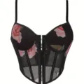 Black mesh floral corset top with boning and front hook closure for women sexy wear - XS / Black