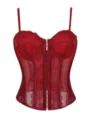 Rood kant mesh korset top, doorzichtige beenderen shapewear hemdje met bandjes en haken. - Bordeauxrood