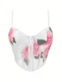 White mesh floral corset top with pink roses, sexy spaghetti strap bustier with boning. - XS / White