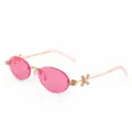 Modieuze randsvrije ovale metalen zonnebril voor dames, trendy roze lenzen met strass pootjes. - BQ8120 Gouden montuur roze glazen