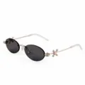 Rimless oval metal sunglasses with grey lenses and rhinestone temple details for women. - BQ8120 Silver Frame Solid Gray Lenses