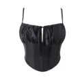 Top corset en satin noir pour femme, doté d'une poitrine froncée et de bretelles fines élégantes. - XS / Hauts / Noir