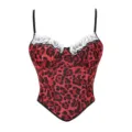 Sexy red and black leopard print corset top for women with white lace and straps. - XS