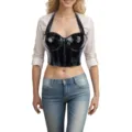 Schwarzes glänzendes Halfter-Korsett-Oberteil, stylischer PU-Push-up-BH für Damen Variante. - XS / Schwarz