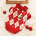Maglione per animali a rombi rosso e bianco con ricamo ciliegia, vestito invernale per cani. - Ciliegie a rombi
