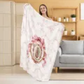 French vintage style pink floral Virgin Mary bow printed flannel blanket detail view. - 70x100cm 230gsm