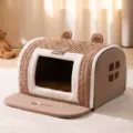 Cozy plush pet house winter warm cat bed for small dogs with cute bear ears and cushion. - Lomi Brown Bear Ears