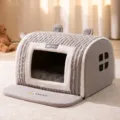 Cozy grey plush pet house bed for cats and small dogs, warm winter deep sleep kennel. - Jasper Gray Bear Ears