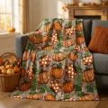 Detailed view of vintage wood grain and pumpkin printed flannel blanket in autumn room decor. - 70X100cm