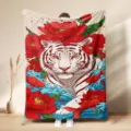 Soft flannel fleece blanket featuring vibrant white tiger, peony, and red fish print. - 9