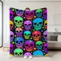 Bunte Totenkopf Plüschdecke mit Neon Mustern für Sofa, Halloween Kuscheldecke weich. - 32 / 70x100