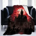 Gedetailleerd overzicht van Halloween gotisch kasteel deken, eng vleermuis en maan design. - Stijl 2