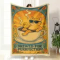 Cozy flannel blanket featuring cute cat coffee cup retro illustration for office nap and sofa use. - 70×100cm / MT4903