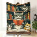 Cute cat reading books flannel fleece blanket cozy soft throw for sofa bed office nap - 70×100cm / MT4905
