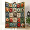 Vintage floral flannel blanket with 3D hand-painted tile flower pattern for cozy sofa nap use. - MT6065