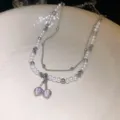Double layer pearl necklace with cute purple heart cherry pendant chic clavicle chain - 30# Silver-Tone Cherry Necklace